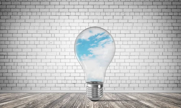 Glass Lightbulb Clouds Empty Room Grey Brick Wall Background Rendering — Stock Photo, Image
