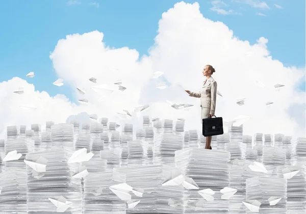 Confident Business Woman Suit Standing Pile Documents Flying Paper Planes — Stock Photo, Image