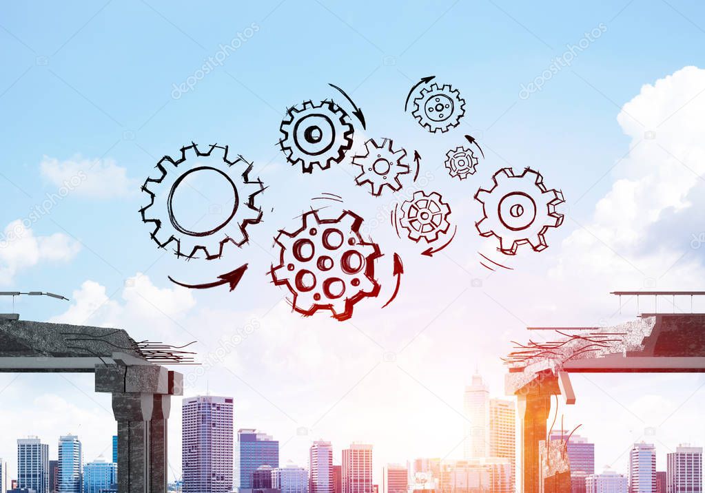 Sketched gear mechanism over gap in concrete bridge as symbol of teamwork and problem solving with cityscape and sunlight on background
