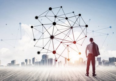 İşadamı arkasını kolluyor ve ağ çizimi kavramına bakıyor