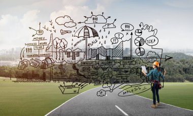 Açık havada mühendis kadının arka planı ve ekrana konsept çizimi