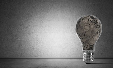 Gri arka plan, 3d render duvara ile boş odada birden fazla vites ile cam ampul içinde yer 