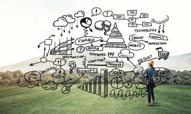 Açık havada mühendis kadının arka planı ve ekrana konsept çizimi