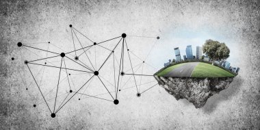 Çim ve beton zemin, modern ağ teknolojileri ve eko yeşil yapıların kavramı üzerine cityscape güzel küçük ada 