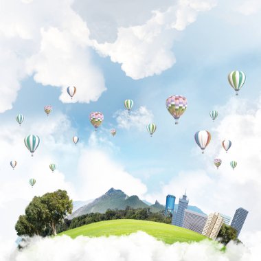 Gökyüzünde bulutların üzerinde yüzen binalar ve gökdelenlerle modern şehir manzarası