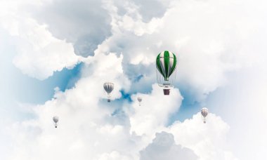 Üzerinde mavi bulutlu gökyüzü uçan renkli aerostats. 3D render.
