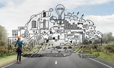 Açık havada mühendis kadının arka planı ve ekrana konsept çizimi