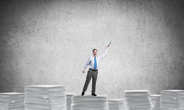 Businessman Keeping Hand Book While Standing Pile Paper Documents Grey — Stock Photo, Image