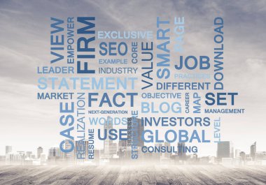 Şehir planında anahtar sözcükler kolajına sahip modern iş kavramı