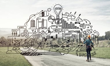 Açık havada mühendis kadının arka planı ve ekrana konsept çizimi