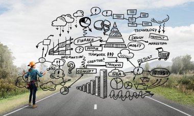 Açık havada mühendis kadının arka planı ve ekrana konsept çizimi