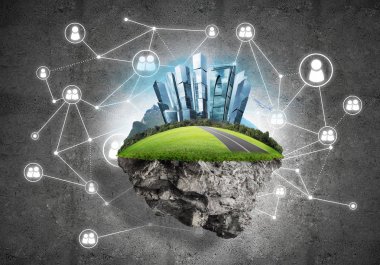 Çim ve beton zemin, modern ağ teknolojileri ve eko yeşil yapıların kavramı üzerine cityscape güzel küçük ada 