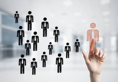 Ekran ve arka plan, liderlik ve teamworking kavramı ofis parlak simgesine dokunarak işkadını el 