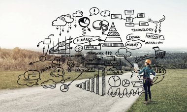 Açık havada mühendis kadının arka planı ve ekrana konsept çizimi