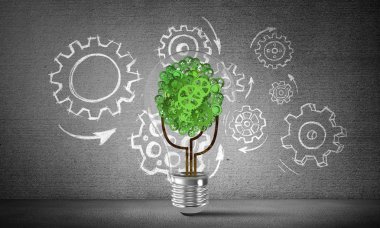 İçinde cam ampul ile vites kabataslak dişli mekanizması karşı ağaçtan gri arka plan, 3d render duvara yerleştirilen