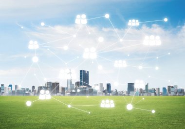 Yeşil çim ve sosyal bağlantı kavramı üzerinde ekran, ağ ve sosyal iletişim kavramı ile modern cityscape