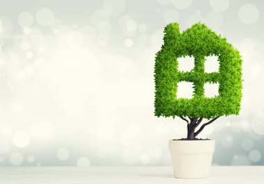 Yeşil bitki tencerede gibi ev, ekoloji geri dönüşüm ve çevre inşaat kavramı şeklinde 