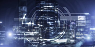 Gece parlayan şehre karşı sanal arayüzü olan arkaplan kavramsal görüntüsü