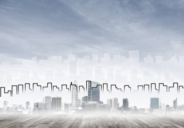 Elle çizilmiş siluet modern şehir manzarasının üzerinde kuleler ve gökdelenlerle