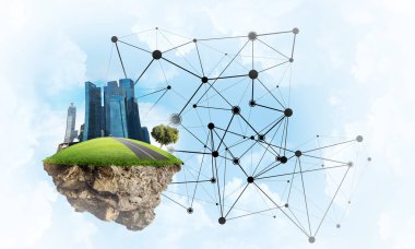 Çim ve gökyüzü, kavramı modern ağ teknolojileri ve eko yeşil yapıların levitating cityscape güzel küçük ada 