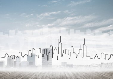 Elle çizilmiş siluet modern şehir manzarasının üzerinde kuleler ve gökdelenlerle