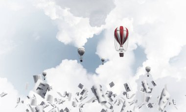 Renkli aerostats kağıt belgeler arasında ve mavi bulutlu gökyüzü üzerinde uçan. 3D render.
