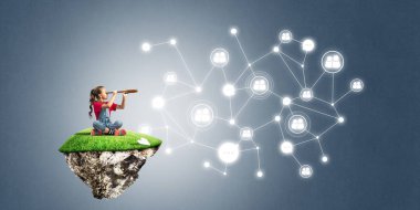 Yüzen adada tatlı bir gülümseme sunan sosyal bağlantı konsepti