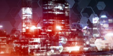 Kavramsal arka plan görüntüsü gece city scape ve modern bağlantıları kavramı ile