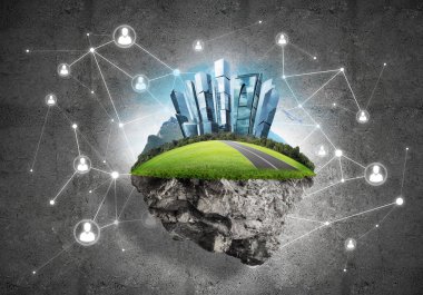 Çim ve beton zemin, modern ağ teknolojileri ve eko yeşil yapıların kavramı üzerine cityscape güzel küçük ada 