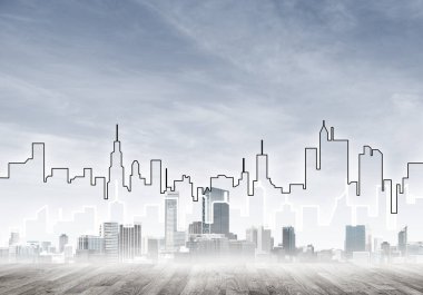 Elle çizilmiş siluet modern şehir manzarasının üzerinde kuleler ve gökdelenlerle