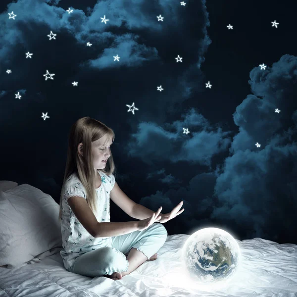 Cute Girl Sitting Bed Looking Earth Planet — Stock Photo, Image