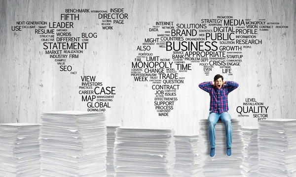 Young Man Casual Wear Sitting Pile Documents Business Related Terms — Stock Photo, Image