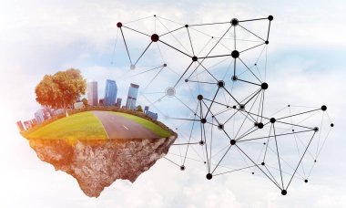Çim ve gökyüzü, kavramı modern ağ teknolojileri ve eko yeşil yapıların levitating cityscape güzel küçük ada 