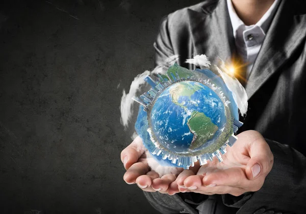 Closeup Businessman Suit Keeping Hands Earth Globe Buildings Gray Wall — Stock Photo, Image