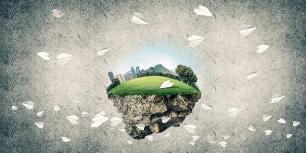Зеленая Экологическая Концепция Городским Пейзажем Острове Бетонном Фоне — стоковое фото