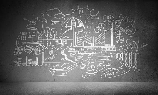 Hand Drawn Business Analytical Information Grey Concrete Wall Stock Image
