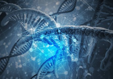 Dna molekülü araştırma kavramı, 3d render ile arka plan