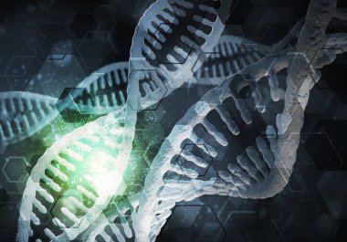 Dna molekülü araştırma kavramı, 3d render ile arka plan