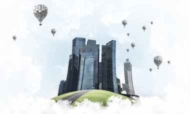 Gökyüzünde bulutların üzerinde yüzen binalar ve gökdelenlerle modern şehir manzarası