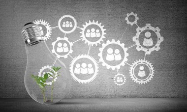 Gri duvar, 3d render kabataslak sosyal dişli yapısına karşı ampul içinde yeşil bitki ile yerleştirilen