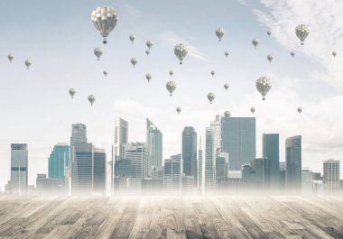 Sis ve balon gökyüzünde modern cityscape gökdelenler ve Binalar ile kaplı