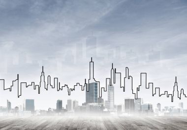 Elle çizilmiş siluet modern şehir manzarasının üzerinde kuleler ve gökdelenlerle