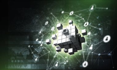 Dijital Küp şekil ve sosyal bağlantı çizgileri koyu arka plan, Internet kavramı ve ağ, 3d render