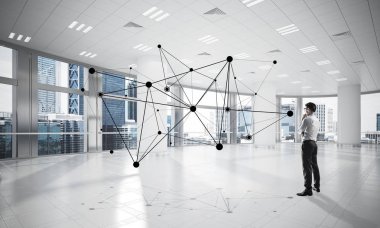 Modern ofis iç sosyal bağlantı kavramı, karışık teknik ile zarif işadamı