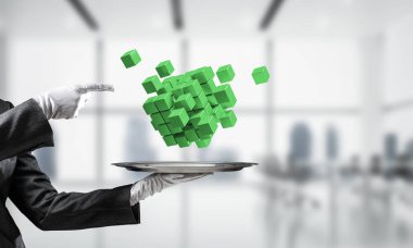 Beyaz eldiven birden çok küpleri arka plan üzerinde office manzaralı metal tepside sunulması elinde garsonun kırpılmış görüntü. 3D render.