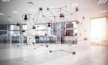 Modern ofis bulanık arka plan, ağ kavramı noktalı çizgiler bağlı 