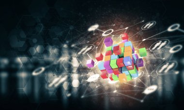 Dijital Küp şekil ve sosyal bağlantı çizgileri koyu arka plan, Internet kavramı ve ağ, 3d render