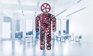 İnsan figürü Dişliler ve cogwheels beyaz ofis zemin üzerine yapılmış. 3D render