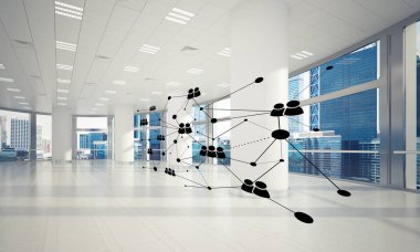 Modern ofis bulanık arka plan, ağ kavramı noktalı çizgiler bağlı 