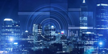 Gece parlayan şehre karşı sanal arayüzü olan arkaplan kavramsal görüntüsü